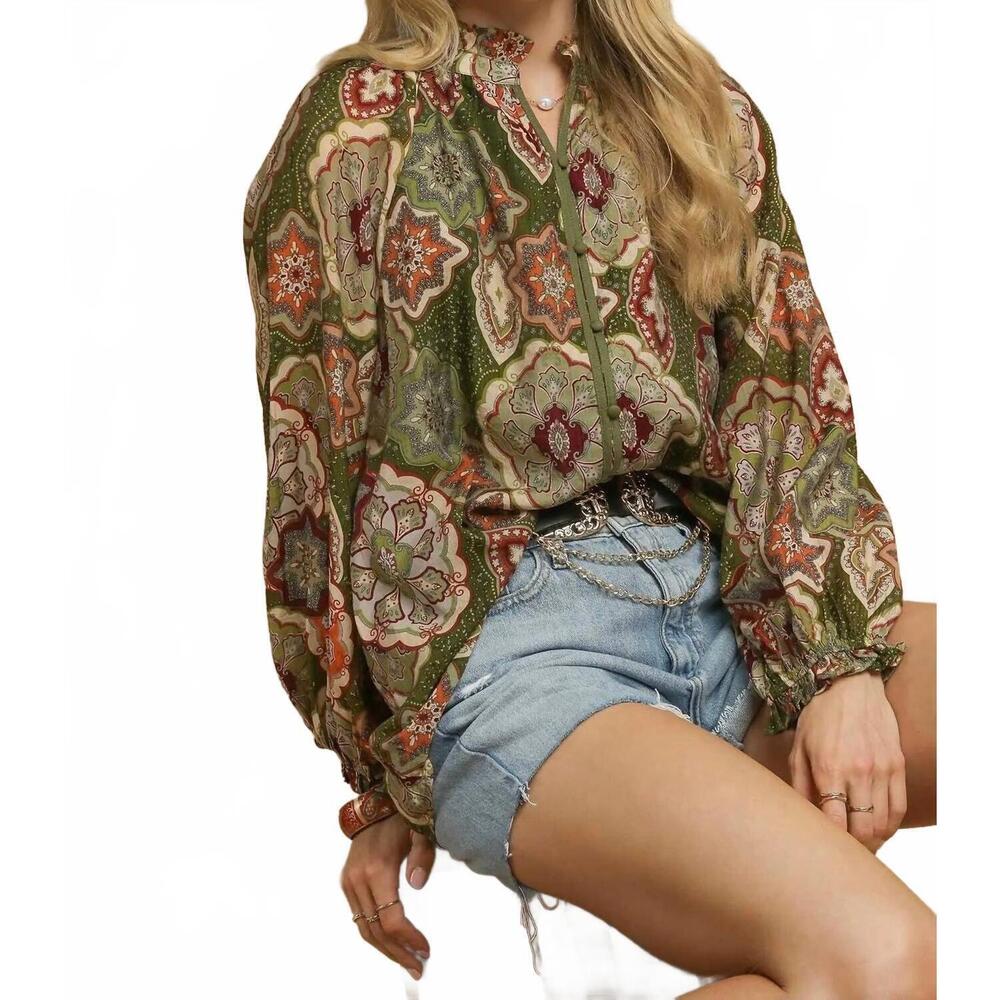 NEW UMGEE boho mosaic button down blouse in olive mix - Picture 5 of 5